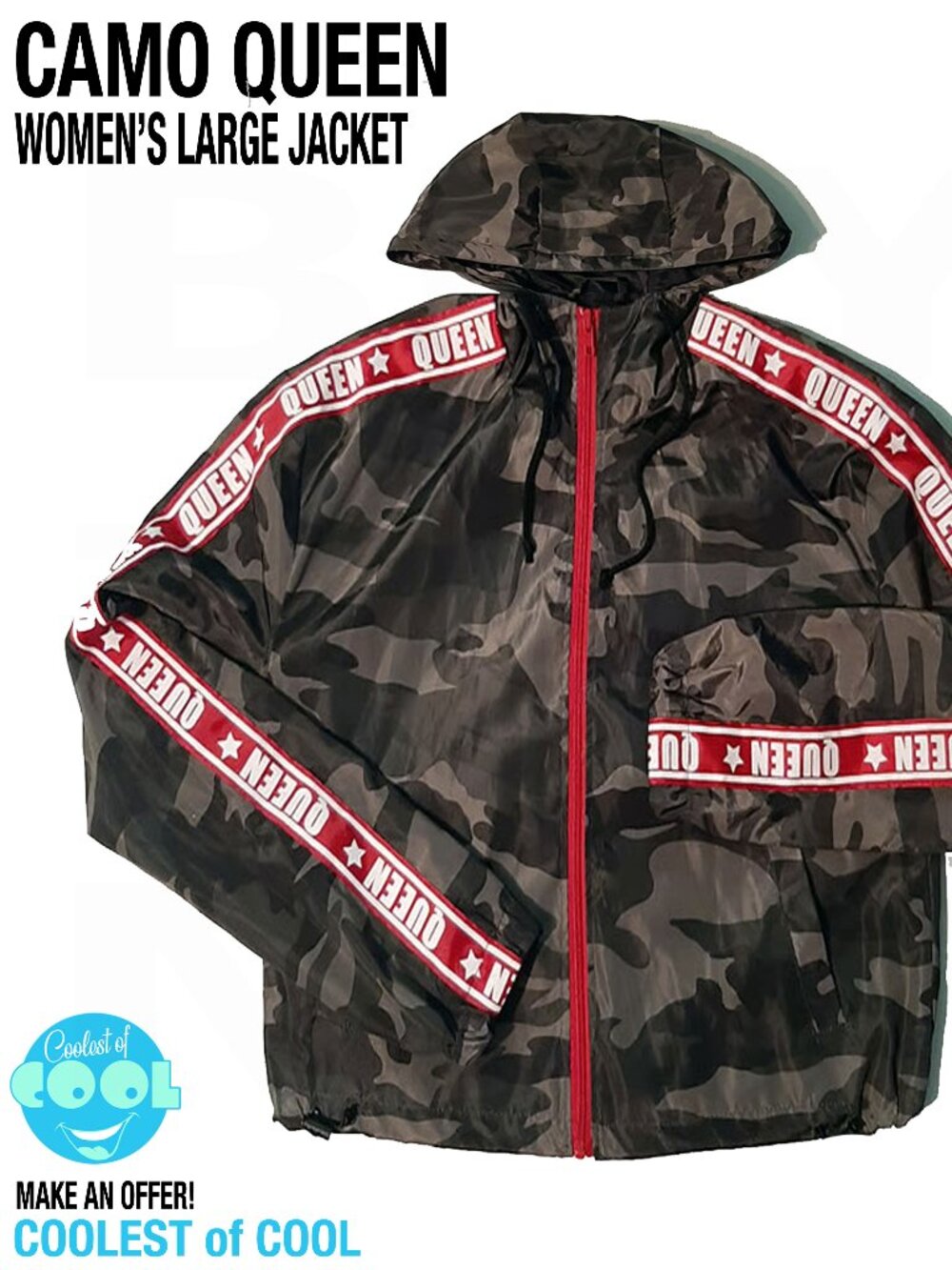 womens jacket size large camo print Queen print down sleeve red zipper very cute